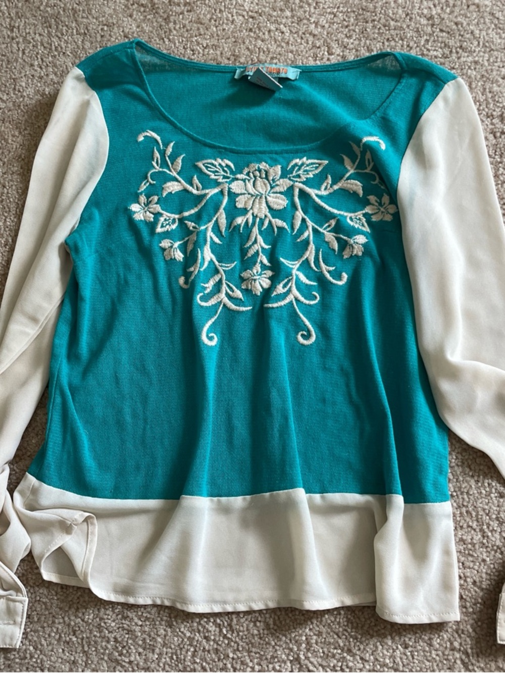 Flying Tomato Teal and Cream Long Sleeve Embroidered Top